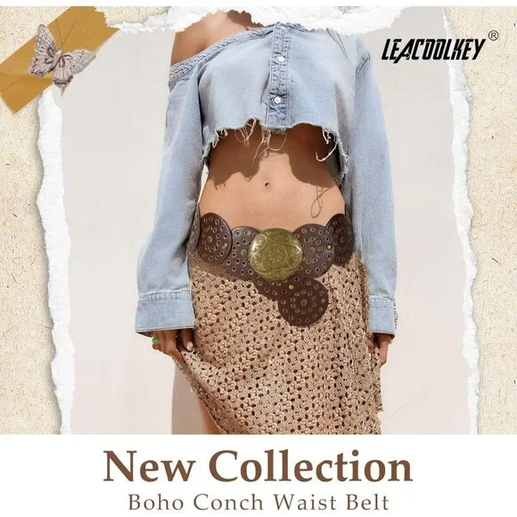 Women Western Leather Belt Boho Dics Conch Waist Belt for Dress Jeans